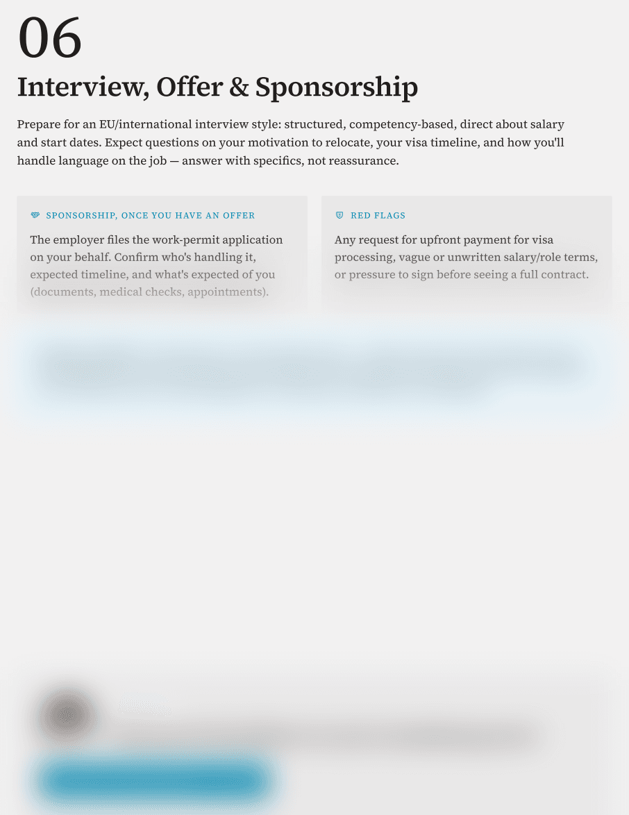 Sample page: interview, offer and sponsorship